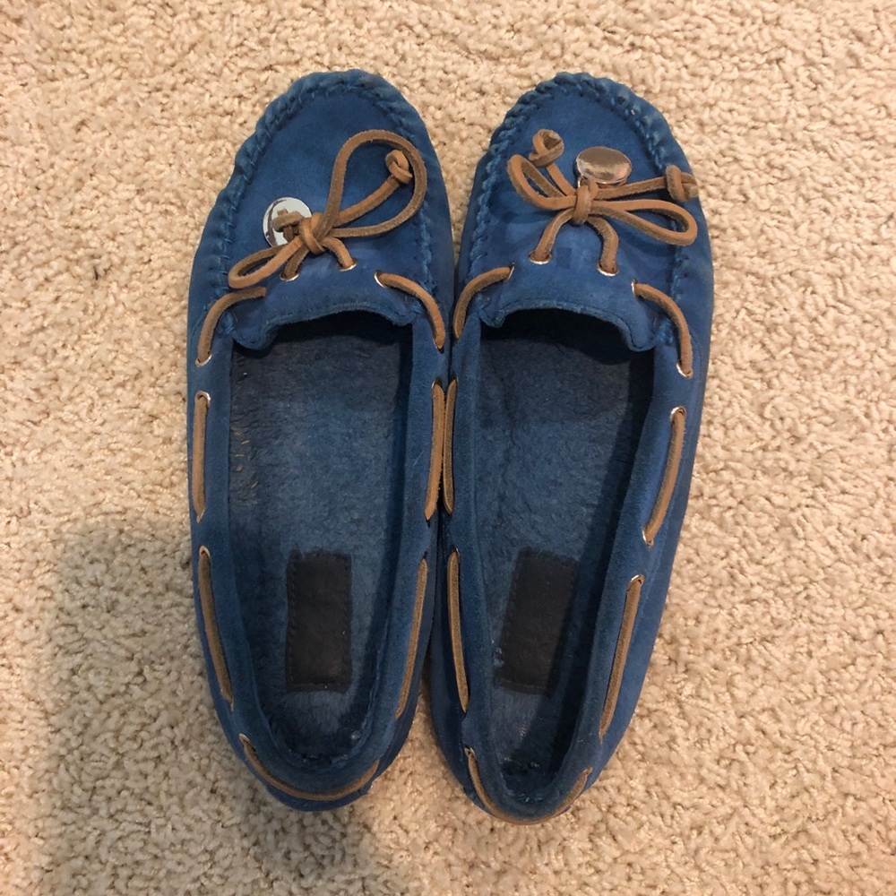 Coach Blue Suede Moccasin Slippers with Tan Laces